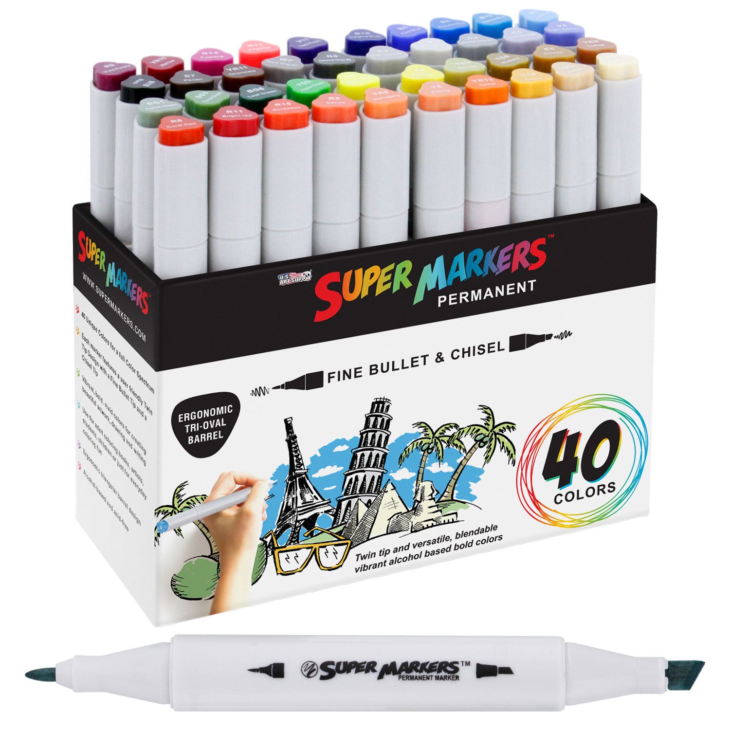 40 Color Super Markers Primary Tones Dual Tip Set - Double-Ended Permanent Art Markers with Fine Bullet and Chisel Point Tips - Ergonomic Tri-Oval Barrels - Draw, Sketch, Illustrate, Render, Manga