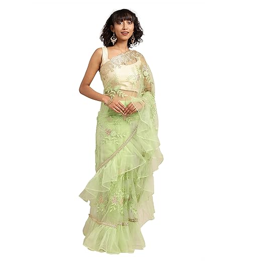 Womanista Womens net with Blouse Piece 7510 Sarees (FS9850_Green_OneSize)