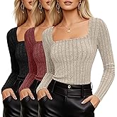 Yearntown 3 Pack Women's Long Sleeve Sweaters Ribbed Square Neck Slim Fit Tops Casual Stretch Lightweight Pullover Sweaters