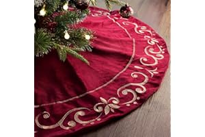 Bunny Chorus Christmas Tree Skirt, 48 Inches Classic Large Velvet Fur Plush Red and Burgundy Tree Skirt, Baroque Tree Skirts with Golden Petal Embroidered for Holiday Merry Christmas