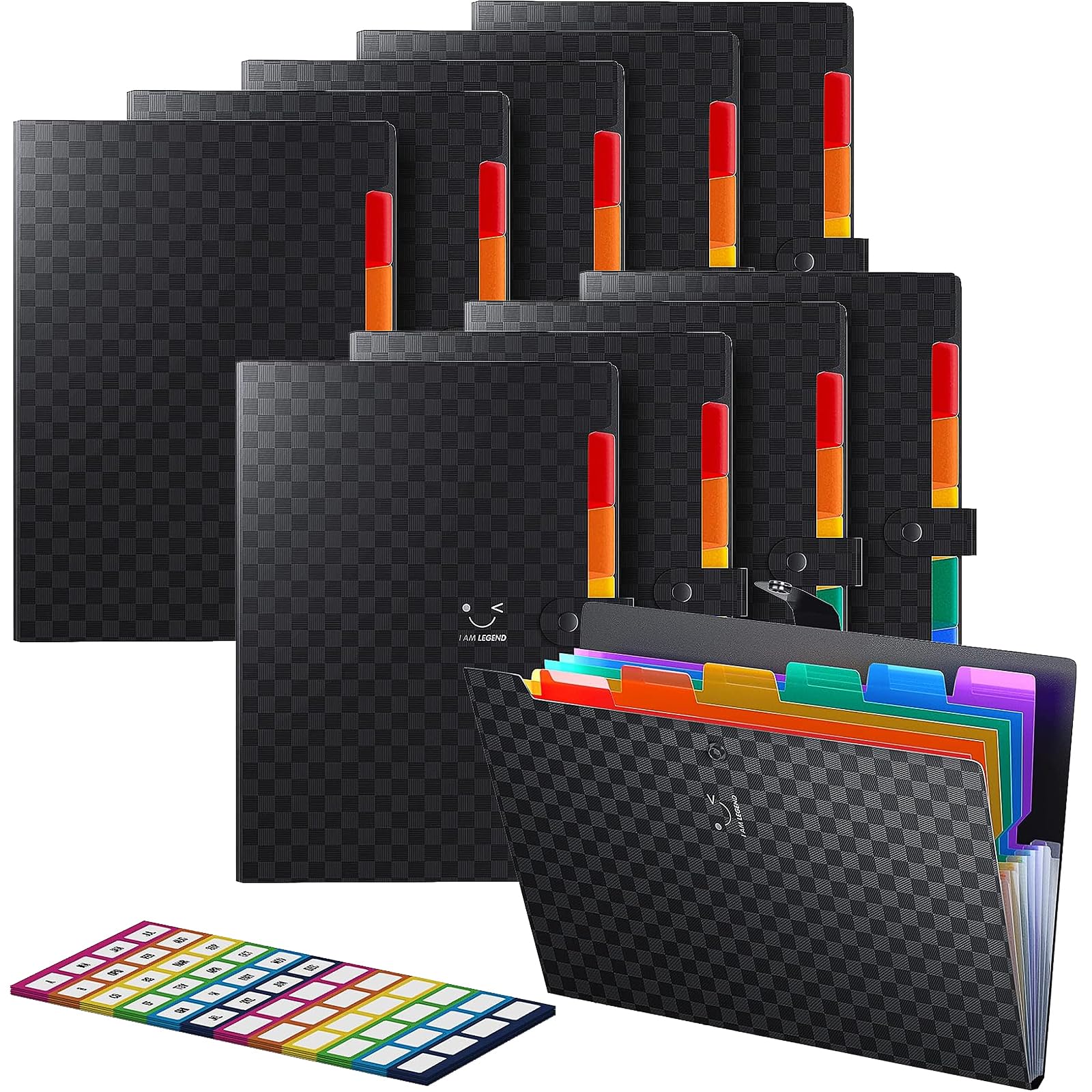 ABC life 10 Pack Expanding File Folder Organiser with Grid Pattern, 7 Pockets Accordion Document Organiser A4, Plastic Cute Binder Folder/Paperwork Organiser for School Home Travel,480Pcs Labels