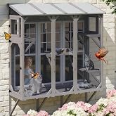 Window Catio for Indoor Cats, Wooden Cat Window Box for Sunbathing &amp; Play | Breathable Fine-Mesh Screen, 4 Jump Platforms, 3 Access Doors, Tunnel Connection and All-Weather Use
