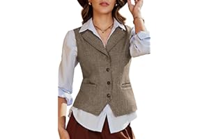 ELLEVEN Women's Herringbone Tweed Lapel Waistcoat Business Casual Sleeveless Blazers Suit Vests with Adjustable Back
