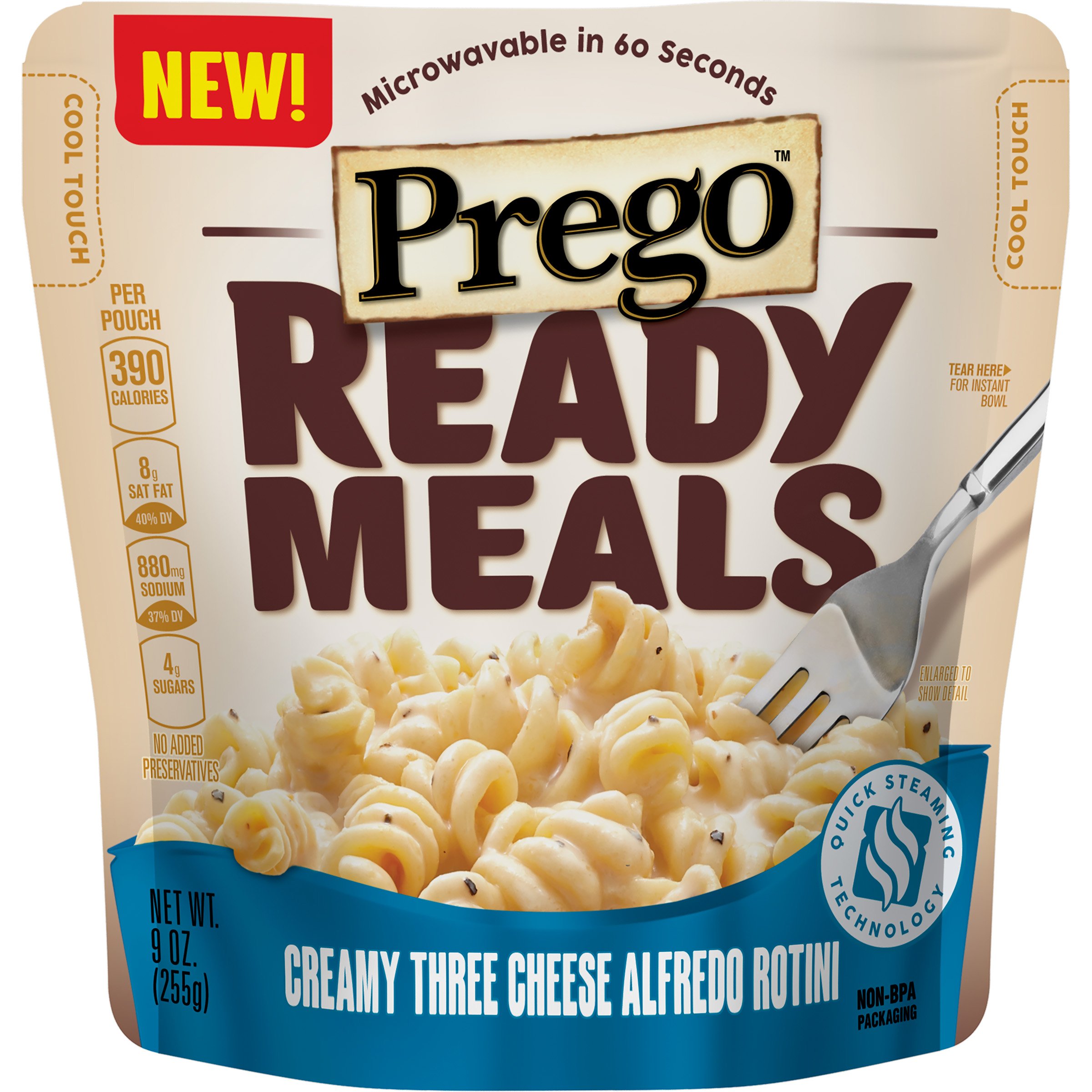 Prego Ready Meals, Creamy Three Cheese Alfredo Rotini, 9 Ounce (Pack of 6) (Packaging May Vary)