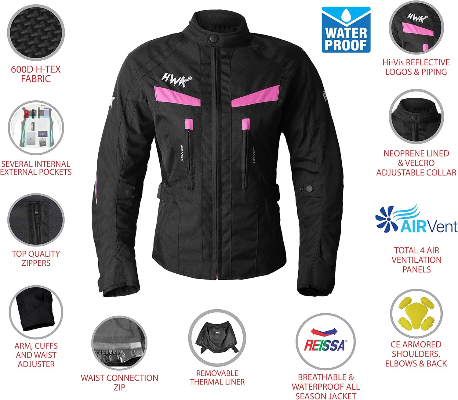 Women's Motorcycle Jacket For Women Stunt Adventure Waterproof Rain Jackets CE Armored Stella (Pink, 2XL): Automotive