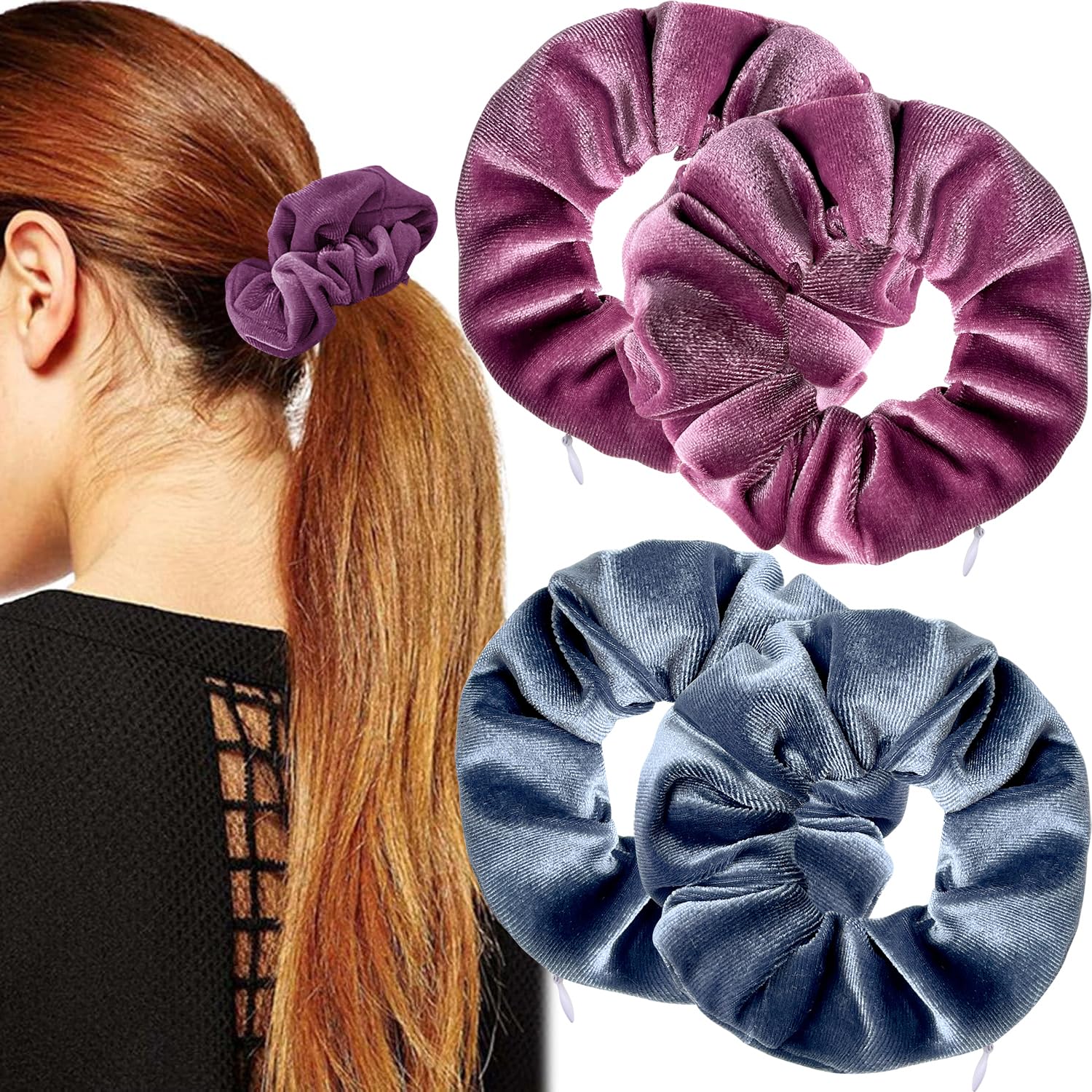 4PCS Women's Hair Ties,with Zip Hidden Pocket Velvet Headbands,Travel Gadgets, Soft Ponytail Hair Ties (Color 3)