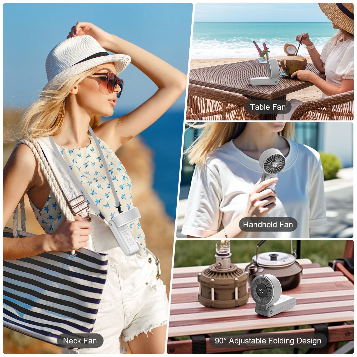 Portable Handheld Fan , 4000mAh Rechargeable Personal mini Fan, 3 IN 1 Foldable Mini Desk Fan with 6 Wind Speed, LCD Digital Display, Lanyard as Neck Fan, Ultra Quiet, Pocket Size for Women(Gray)