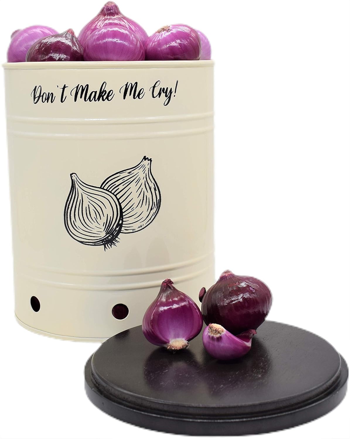 Decorfo Onion Storage Metal Canister Storage Jar Barrel with Wooden