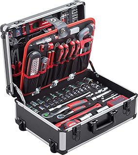 Meister Werkzeugtrolley 156-teilig - Werkzeug-Set - Mit Rollen - Teleskophandgriff / Profi Werkzeugkoffer befüllt / Werkzeugkiste fahrbar auf Rollen / Werkzeugbox komplett mit Werkzeug / 8971440