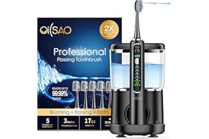 OILSAO Electric Toothbrush with Water Flosser,Professional Flossing Toothbrush 2-in-1 Combo Brushing & Flossing for Teeth Cleaning,with 5 Brush Heads,Black
