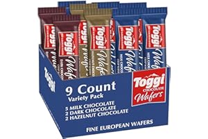 TOGGI Fine European Chocolate Wafers, Variety Snack Box, Stocking Stuffers, Milk Chocolate, Dark Chocolate, and Hazelnut (1.75 oz 9 Count)
