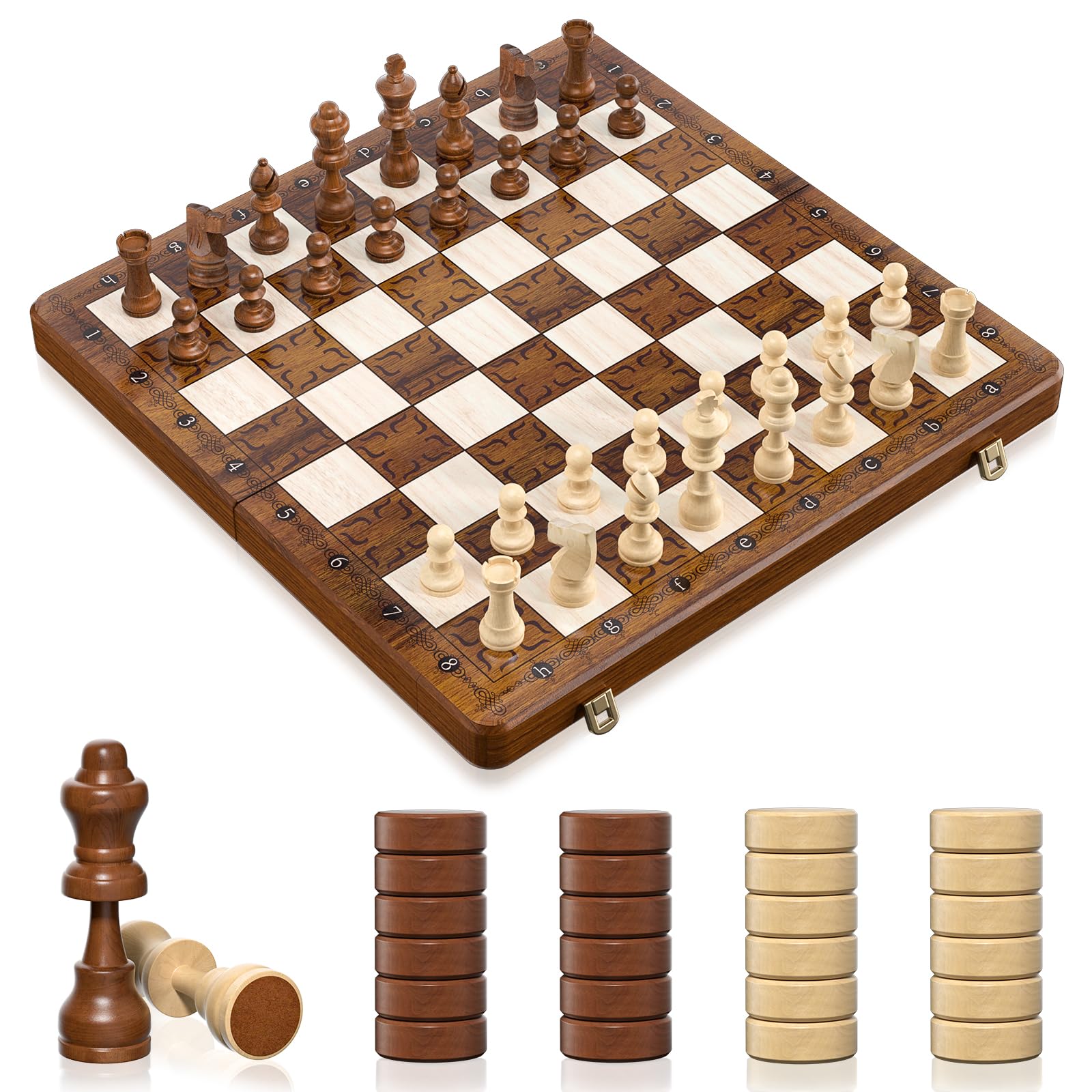 Tumu 2 in 1 Chess Set for Adults Kids - 16 Inch Magnetic Wooden Chess Board with Checkers, 2 Extra Queens, Folding Travel Chess Set with Storage Slots, Gift Toys for Boys Girls