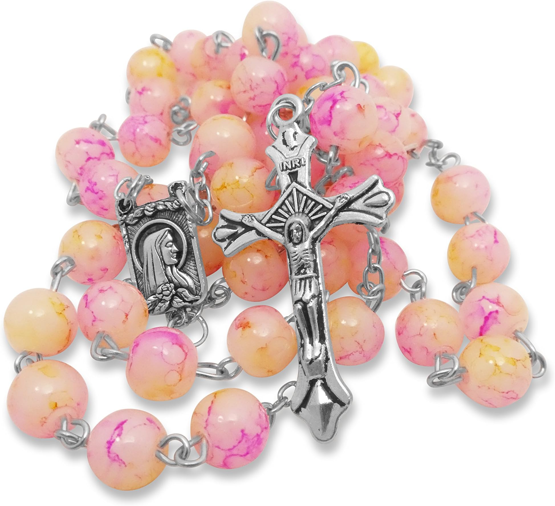 Soul Shop Marble Pink and Yellow Rosary - Rose-Inspired Christian/Catholic Gift Prayer Beads in Nondenominational Gift Box (Pink/Yellow)