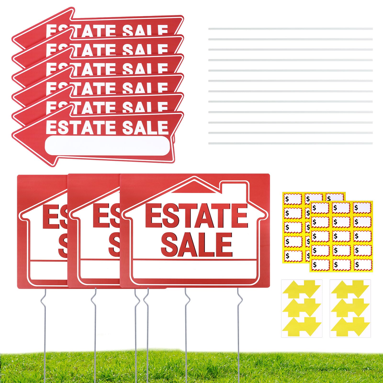 9pcs Estate Sale Signs Kit, 16.1x12.2 Inch Estate Sale Signs & Estate Sale Arrows Include Sale Stickers & Arrow Stickers Double Sided Estate Sale Yard Signs with Stakes for Home Real Estate