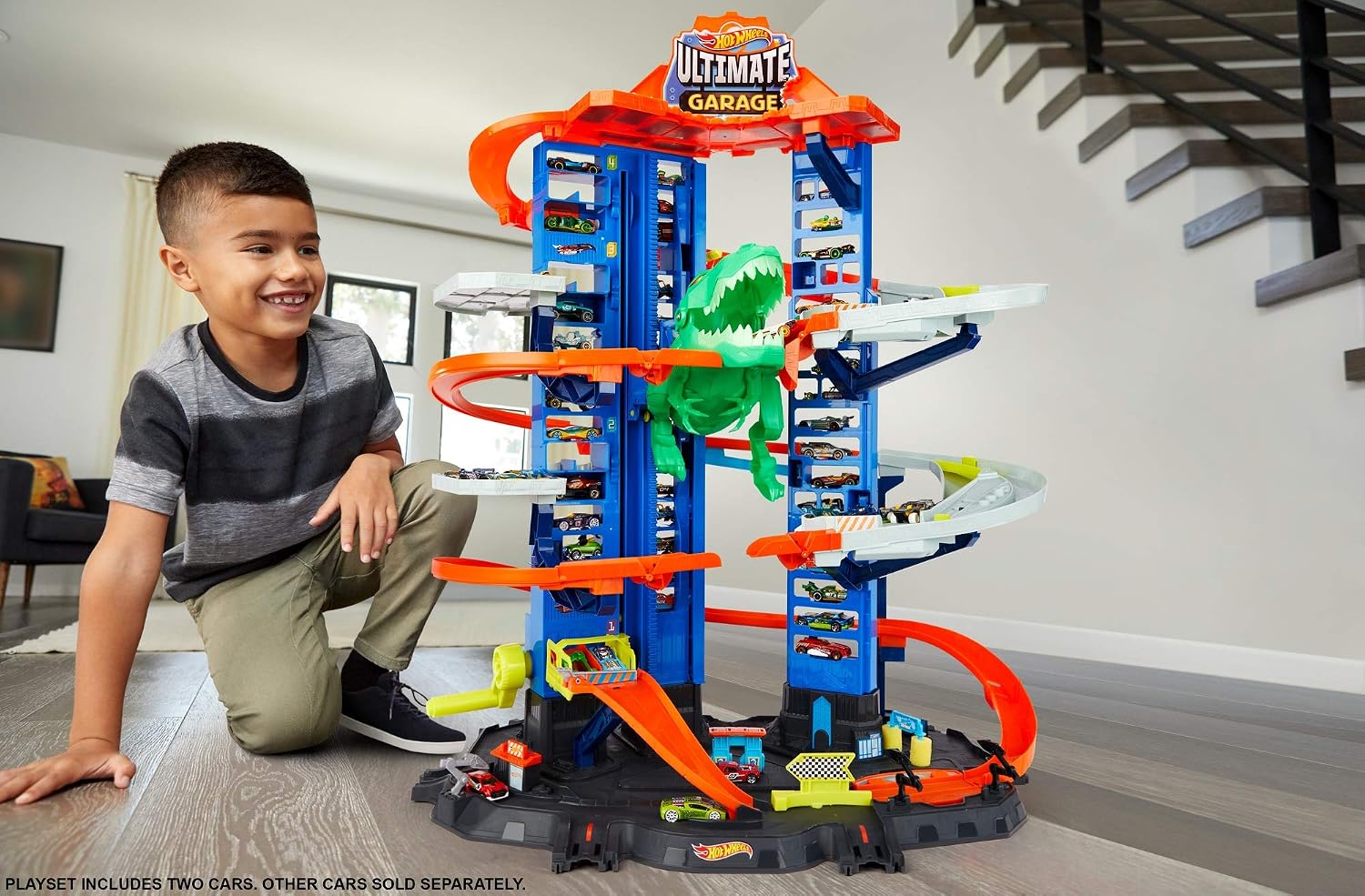 Hot Wheels City Ultimate Garage Playset with Multi-Level Racetrack, 91 cm Tall Moving T-Rex Dinosaur, Parks 100 Cars - Image 5