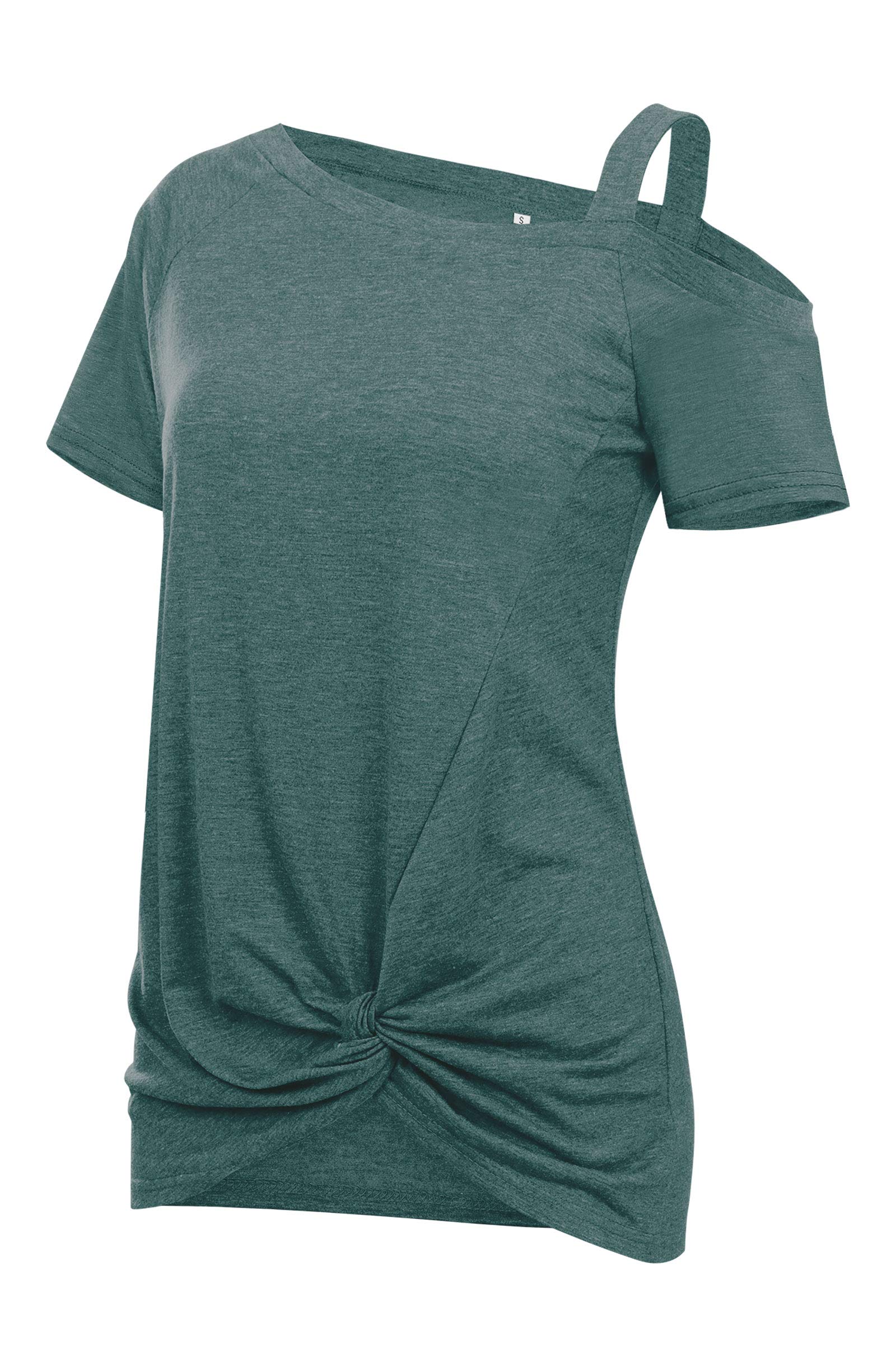 IMIDO Womens Cold Shoulder Tops Front Knot Side Twist Shirts One Shoulder Blouse Short Sleeve Tunic (M, B-Green)