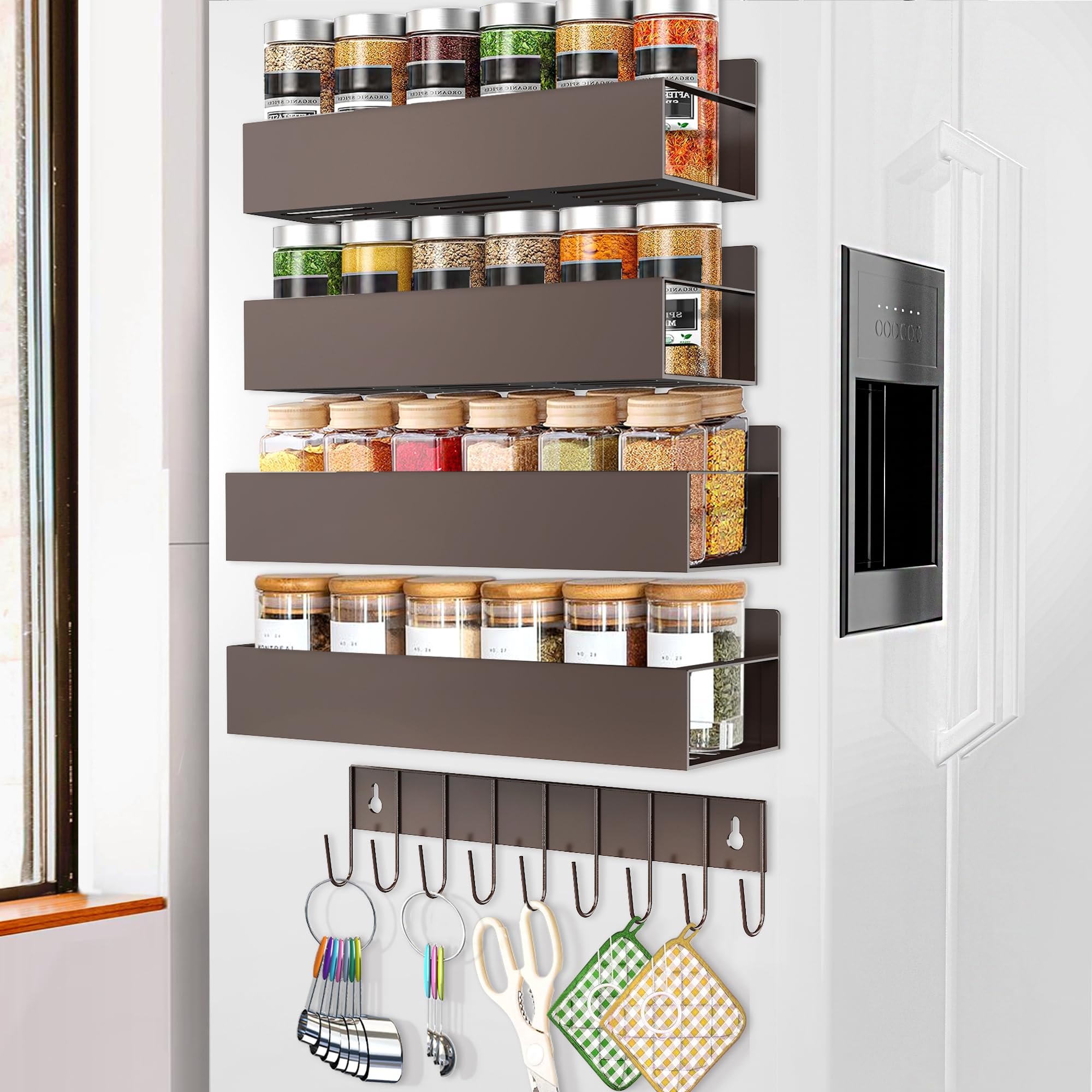 SMRCAD Magnetic Spice Rack Organizer for Fridge Seasoning Organizer for Kitchen storage with Screw Magnetic Shelf with Hook for Refrigerator and Oven (4pack1hook-Bronze) Image