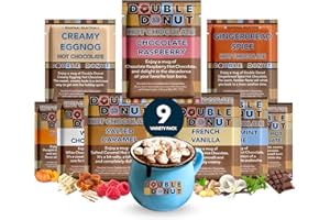 Double Donut Coffee Flavored Hot Chocolate Packets Variety Pack, 9 Count Includes Classic, Chocolate Raspberry, Salted Caramel, Peppermint, Eggnog & Gingerbread