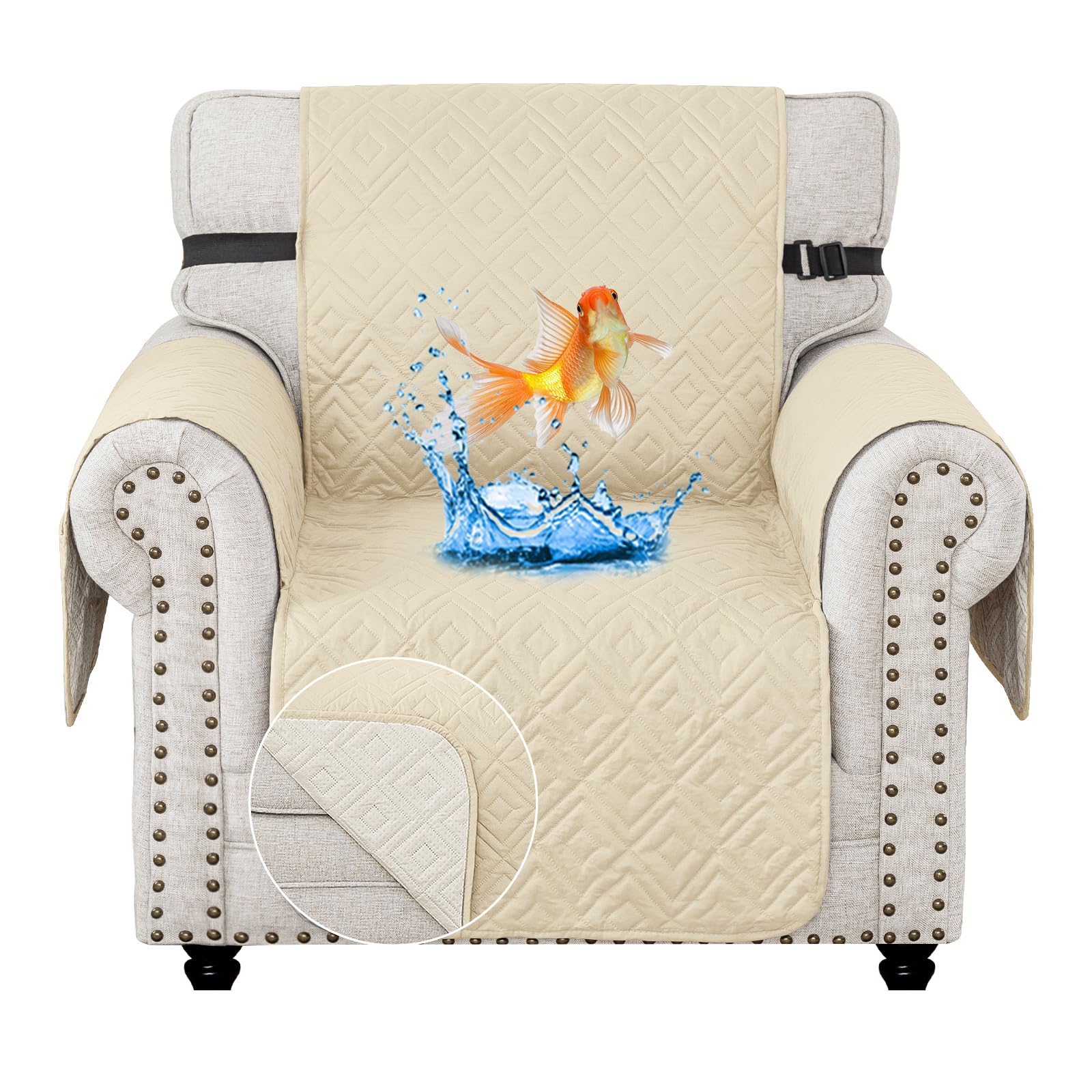 MAXIJIN Chair Covers Waterproof Sofa Slipcovers Non-Slip 1 Seater Sofa Protectors with Elastic Straps Reversible Universal Couch Covers for Dogs, Pets, kids (Beige, 1 Seater)