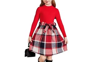 Arshiner Girls Dresses Long Sleeve Rib Knit Plaid Patchwork Belted Dress with Pockets