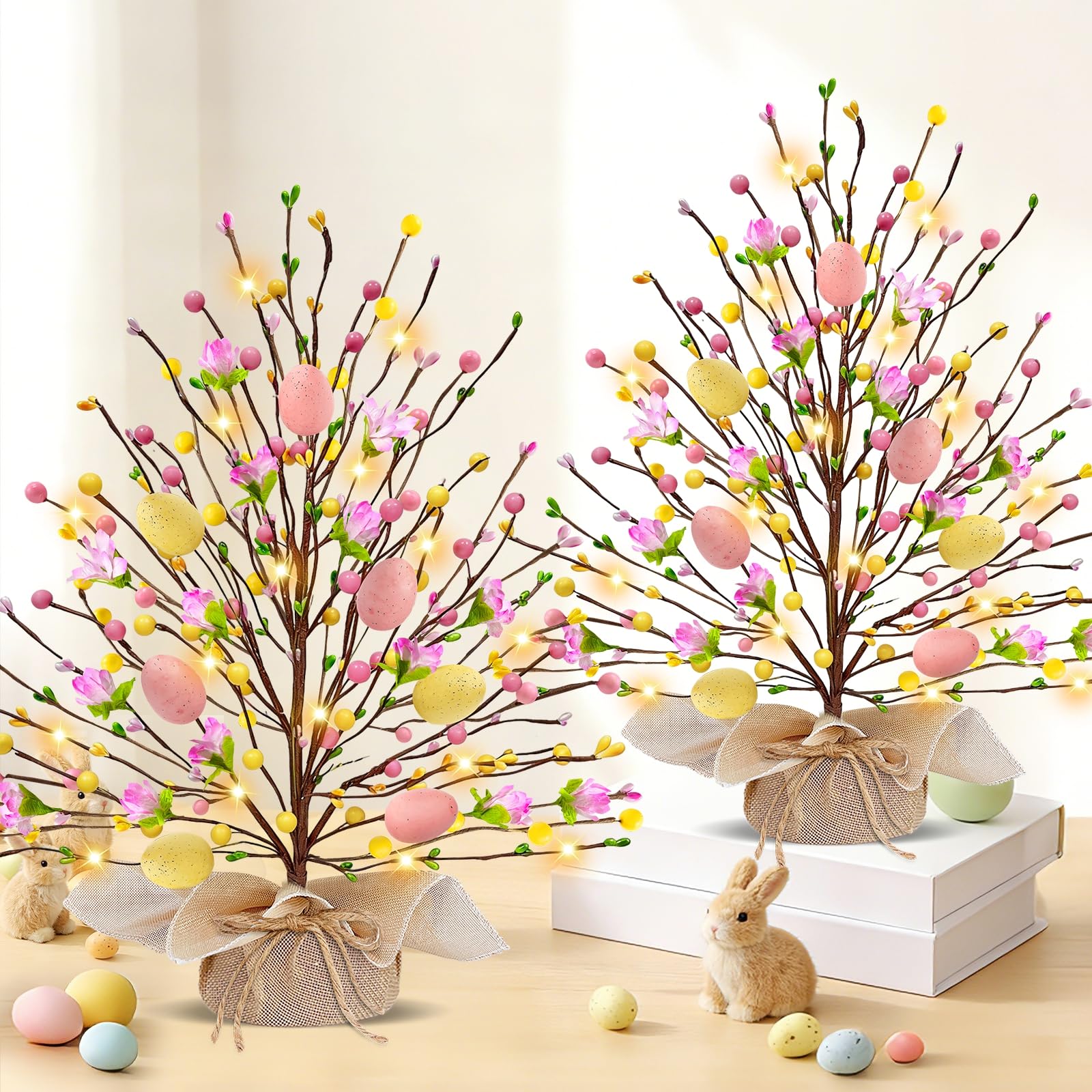 Photo 1 of 2 Pack & Timer - Easter Decorations, 18 Inch Lighted Easter Tree Tabletop with 20 LED Warm White Lights Pastel Eggs Floral Berries Battery Operated Easter Egg Tree Home Indoor Table Party Spring Decor