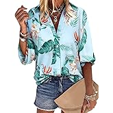 ZXZY Women's Hawaiian Shirts Long Sleeve Tropical Tops Button Down Dressy Casual Blouses