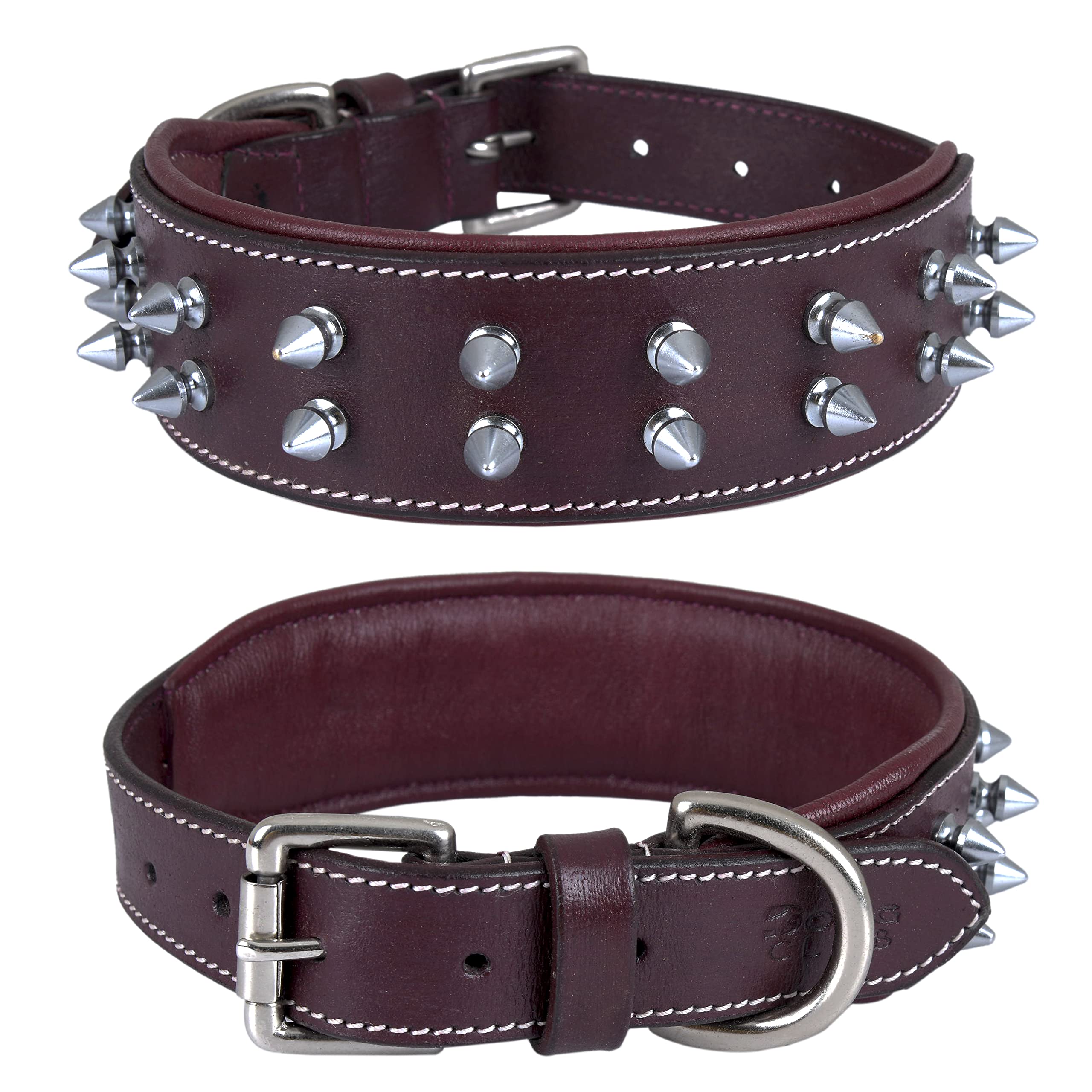 DowgClub | Genuine Leather Spike Dog Collar | Full Grain, Heavy Duty | Padded, Comfortable, Strong, Best for Large, X-Large Breeds | 2" Wide (M (Fit Neck Size 14.5"-18.5"), Cherry - Silver Spikes) — image 1