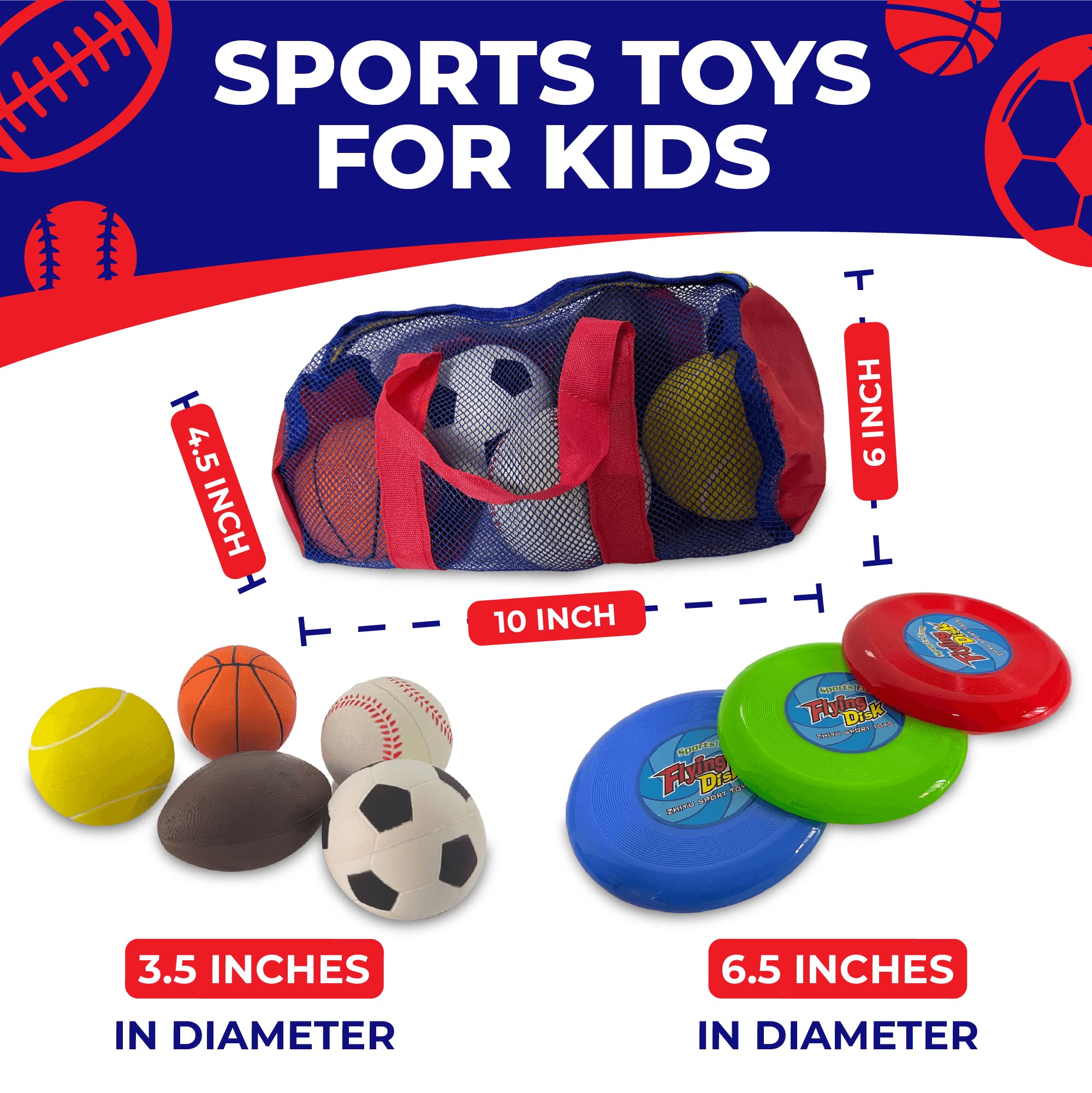 Toysery Foam Sports Balls Toddler Toys Set with Carry Bag - Includes Football, Soccer Ball, Tennis Ball, Basketball, Baseball, Kickball, & 3 Fresbee Discs - Soft Balls for Kids and Toddlers Ages 1-3