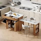 ONBRILL 47"-93" Extendable Kitchen Island w/Trash Can Storage, White&amp;Oak | Rolling Kitchen Island with Power Outlet, 2 Storage Drawers, Spice Rack, Towel Rack, Adjustable Shelf, Imitation Marble Top
