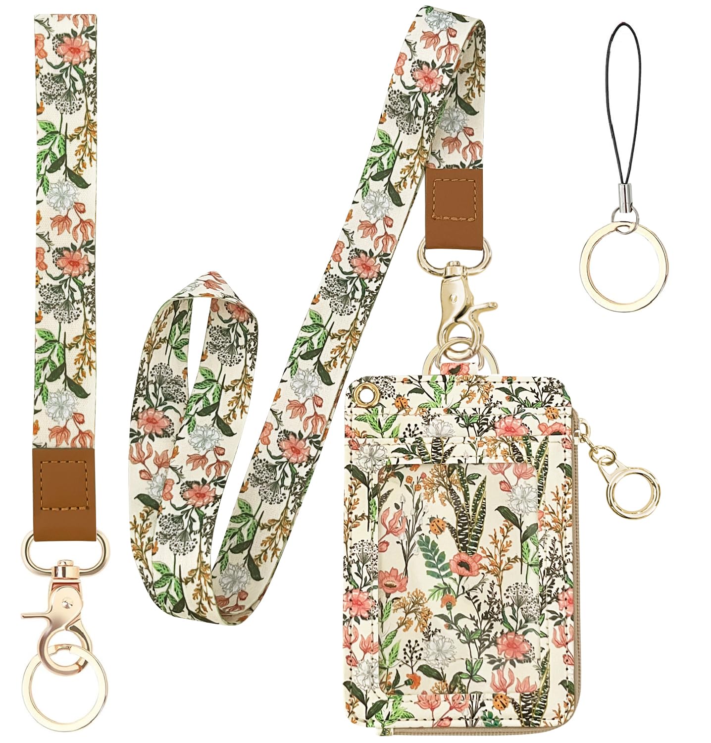 Bolimoss Aesthetic Lanyard with ID Holder for Women & Nurses - Floral ID Badge Holder with Neck Lanyard & 4 Card Slots, Side Zipper Pocket