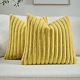 FUTEI Mustard Yellow Throw Pillow Covers Set of 2, 18x18 Inch Soft Faux Rabbit Fur Striped Texture Cushion Cases, Modern Decorative Couch Pillows for Living Room Bed