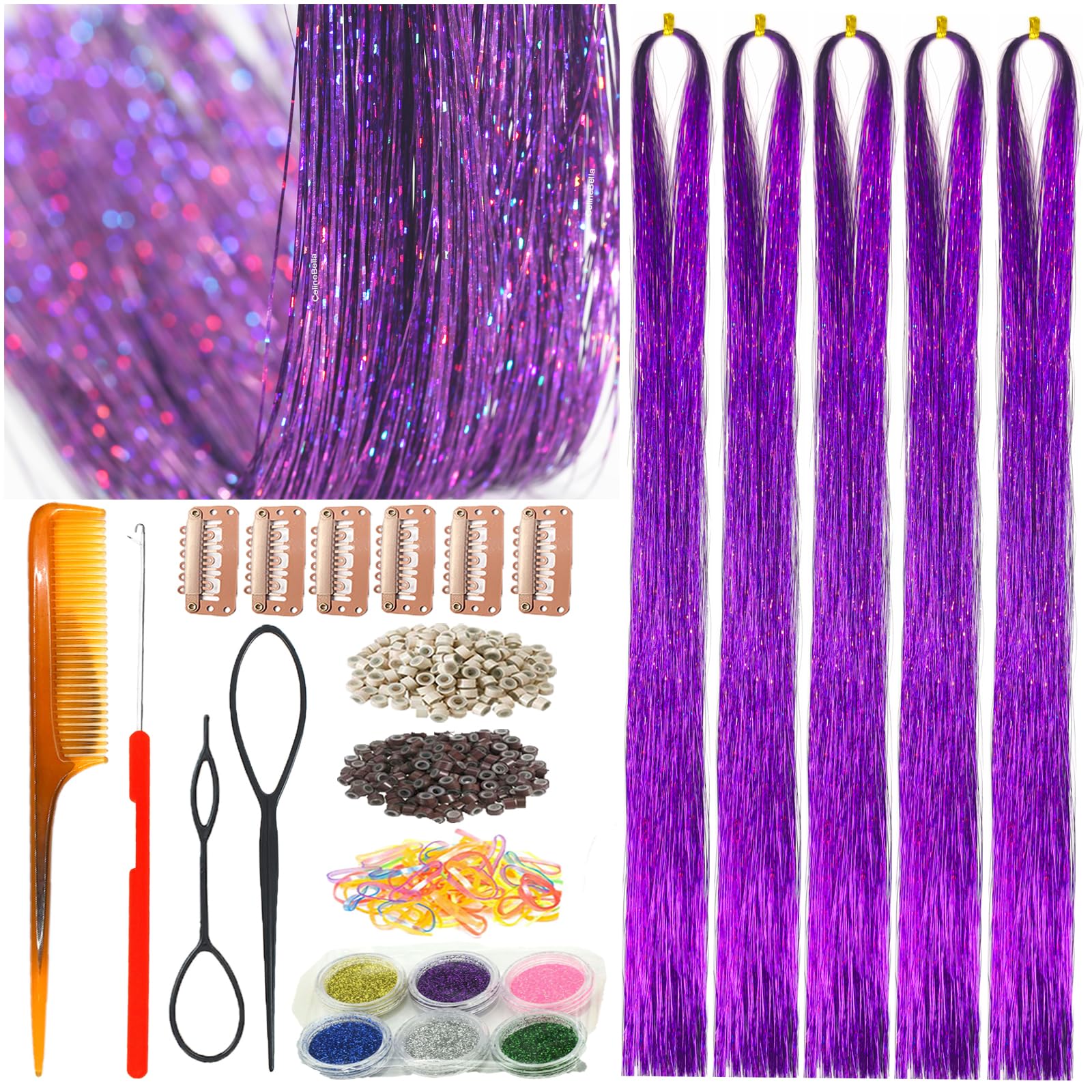 Photo 1 of CelineBella Purple Tinsel hair Heat Resistant Violet Lavender Fairy Hair Tinsel Extensions 48 Inch 5 PCs Very Cute Easy to Use for Kids Girls(48 Inch Pack of 5Pcs, Deep Purple)