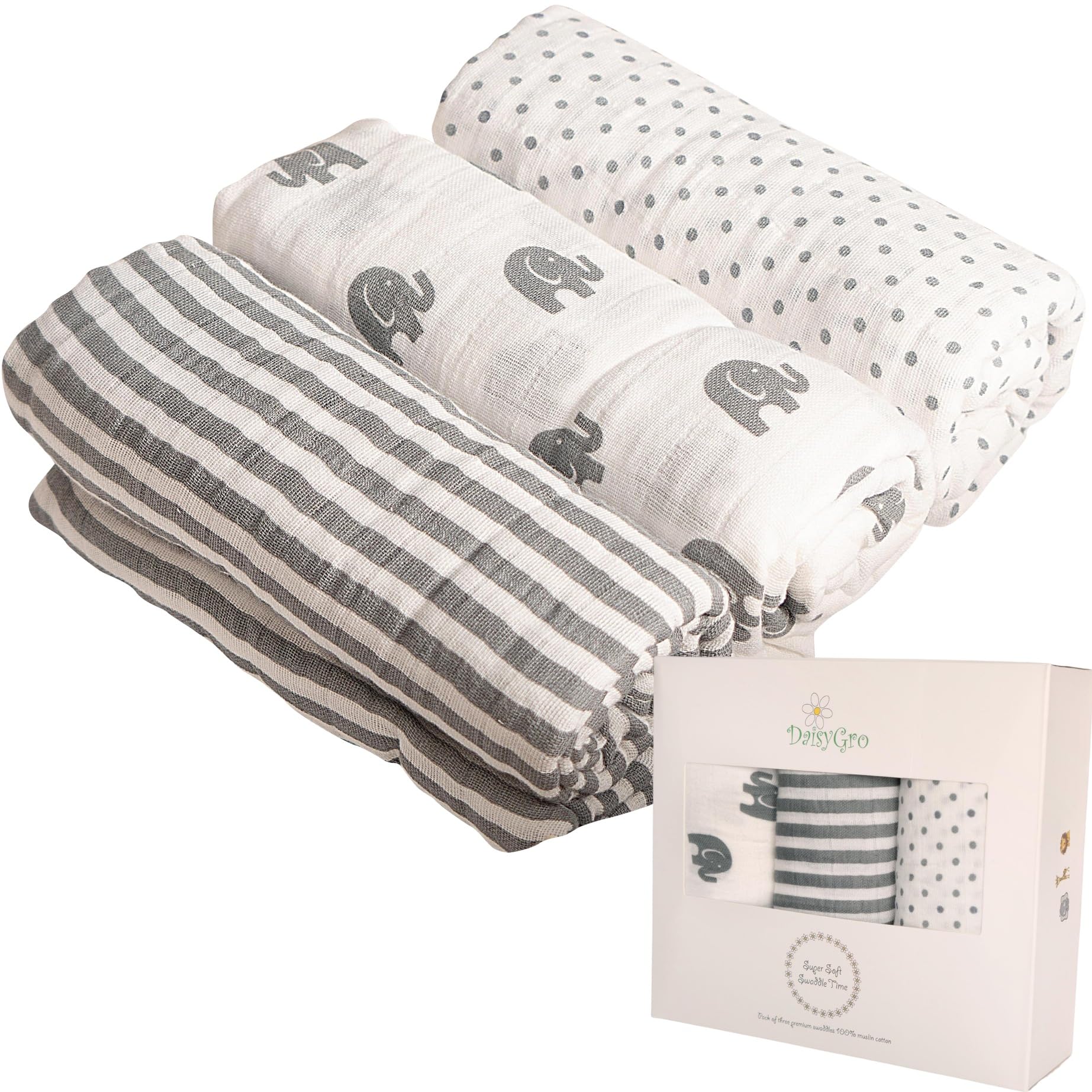 DaisyGro Newborn Swaddle Blankets 120x120cm | 3 Pack Organic Cotton Baby Swaddles | Soft Breathable Muslin for Newborn Swaddling | Gift Boxed Baby Shawl Wrap (Unisex Designs)