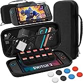 FUNLAB Switch 2 Case and Screen Protector for Nintendo Switch 2, Switch2 Carrying Cases Accessories for Travel, Hard Shell Slim Switch2 Carry Cases with Tempered Glass, 8 Thumb Grips - Black