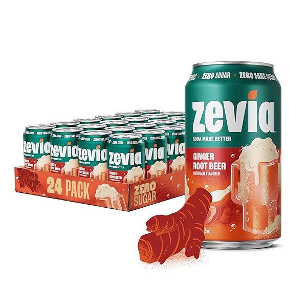 ZEVIA ZERO SUGAR SODA, GINGER ROOT BEER, 12 OZ CANS (24-PACK) – NATURALLY SWEETENED, ZERO CALORIE SUGAR FREE SODA – NON-GMO PROJECT VERIFIED, GLUTEN-FREE, VEGAN