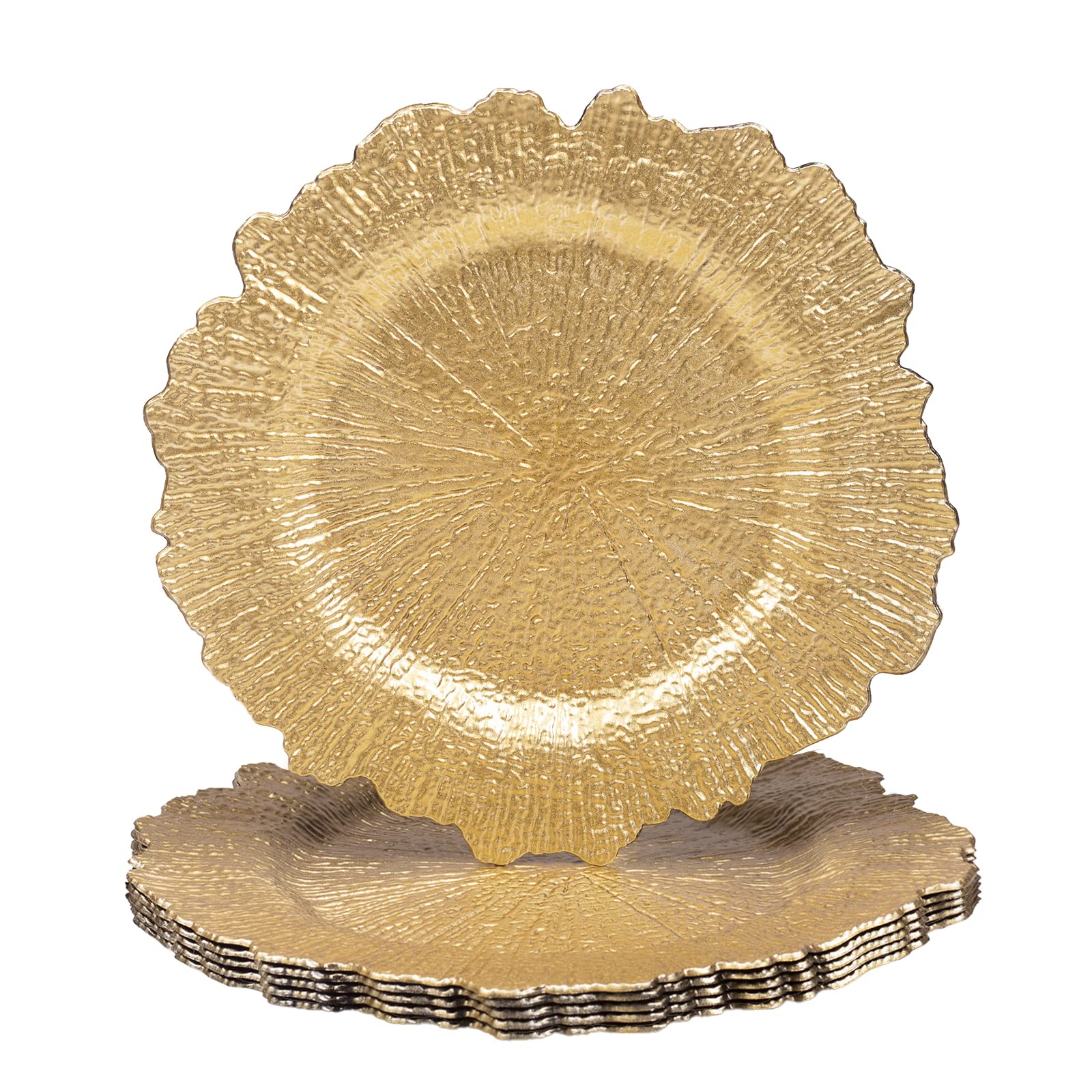 Photo 1 of MAONAME 13" Gold Charger Plates, Round Reef Chargers for Dinner Plates, Plastic Plate Chargers for Table Setting, Wedding Decor, Set of 6
