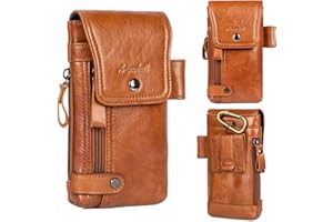 Ariscobull - Leather Phone Holster - Genuine Full-Grain Buffalo Leather Cell Phone Holsters - for iPhone 16, 15, 14, 13pro, Galaxy S24, S23, S22-7”H X 3.5" W (Brown)