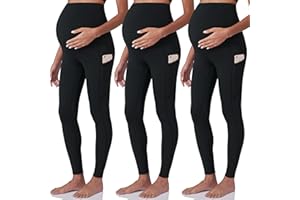 POSHDIVAH 3 Pack Women's Maternity Workout Leggings Over The Belly Pregnancy Yoga Pants with Pockets