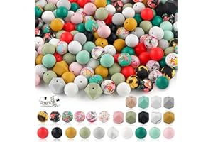 Sunrony 150pcs Silicone Beads Bulk, Silicone Beads for Keychain Making, 15mm Silicone Beads Bracelet Making Kit and Floral Print Silicone Beads for DIY Necklace Making(Floral)
