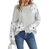 BreathSunny Womens Oversized Flower Sweaters Crew Neck Cute Knit Fall 2025 Trendy Long Sleeve Floral Pullover Jumper Tops