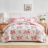Flower Comforter Sheet Set White Bed in a Bag 7 Pieces Queen Size Dark Pink Floral Microfiber Bedding Set (1 Comforter 2 Pillow Shams 1 Pink Flat Sheet 1 Fitted Sheet 2 Pillowcases)