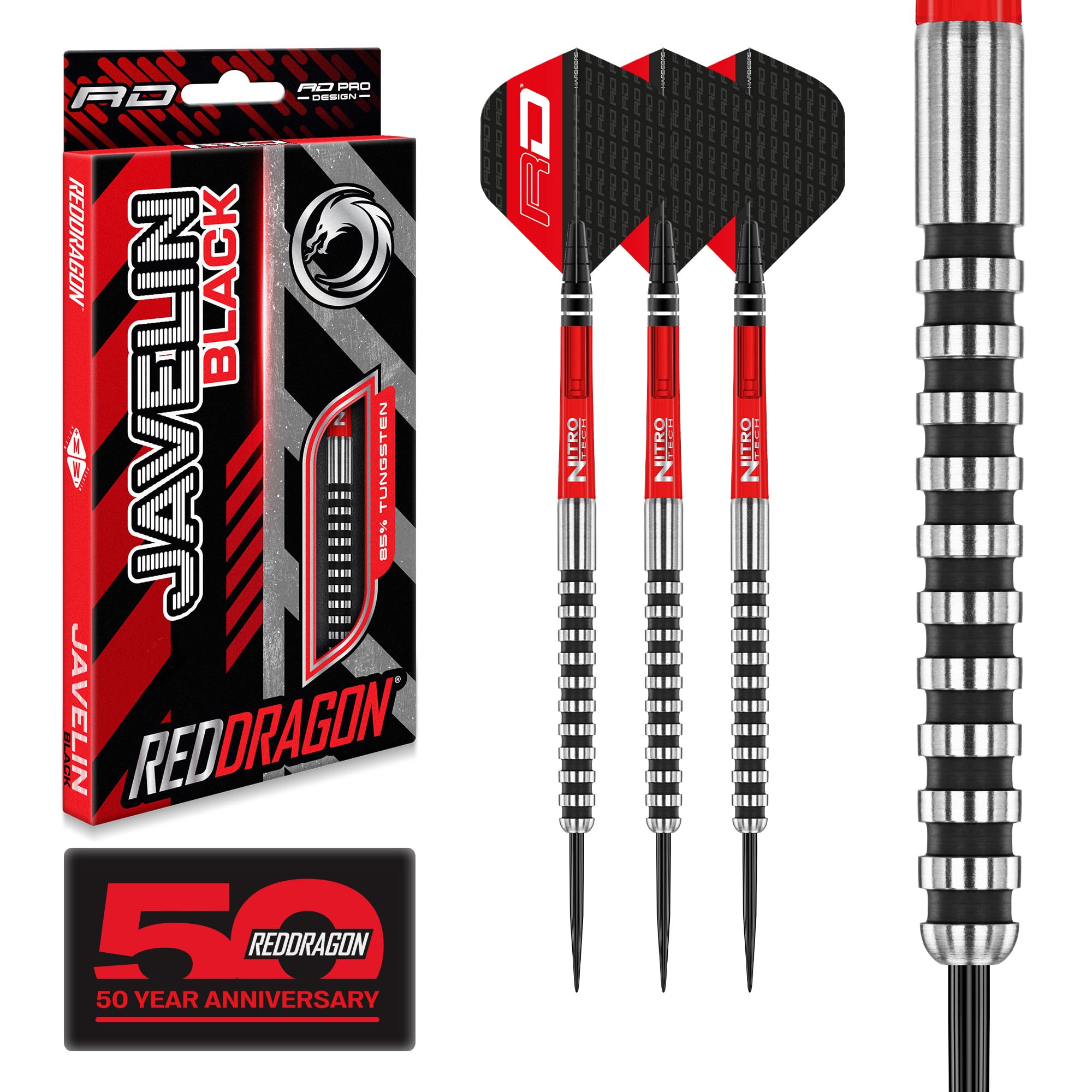 RED DRAGON Javelin Black 22g - Tungsten Professional Steel Tip Darts Set with Dart Flights and Dart Shafts (Stems)