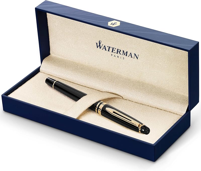 Waterman Expert Rollerball Pen Gloss Black 23k Gold Trim Fine Point Gift Box