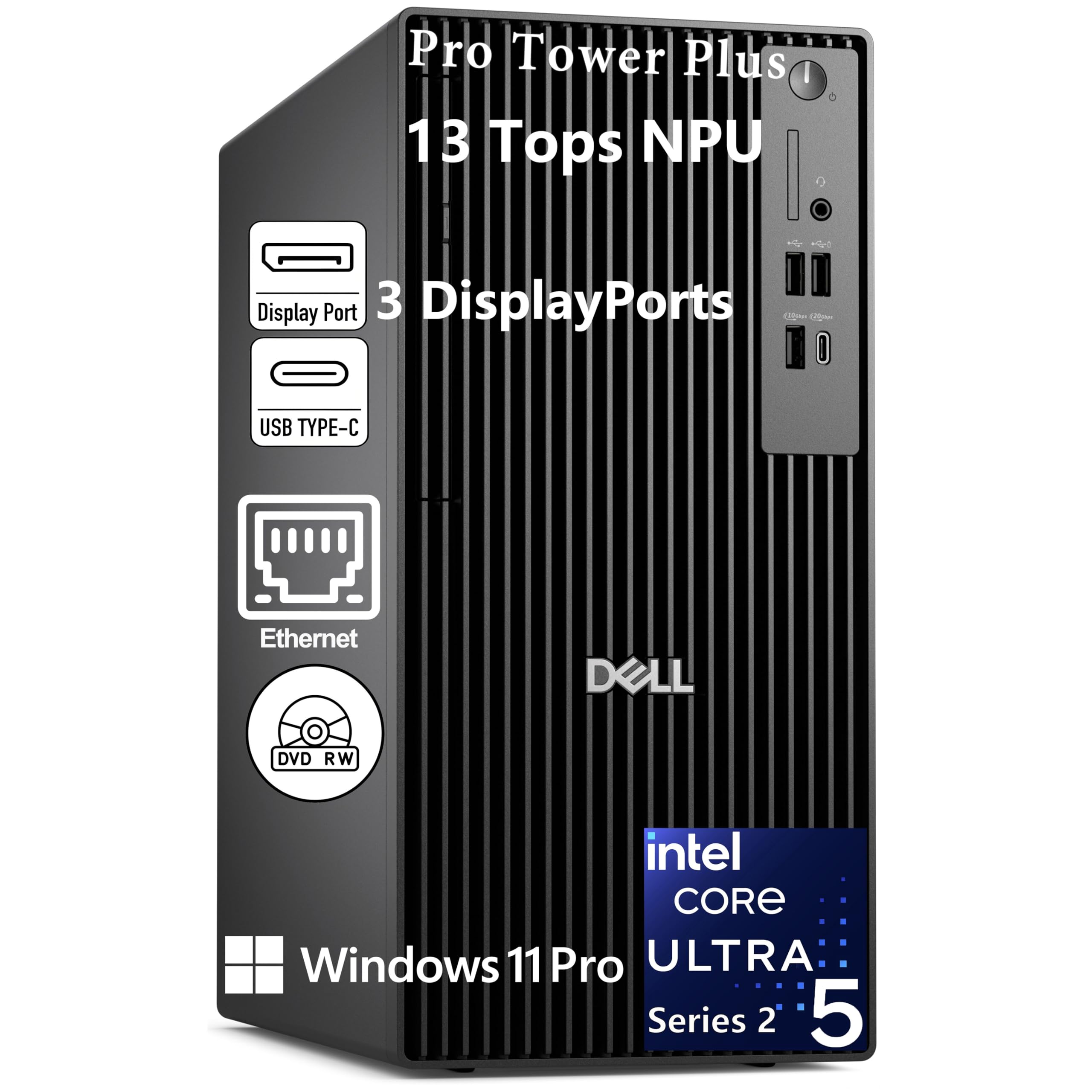 Dell Pro Tower Plus AI PC Business Desktop Computer, Intel 14-Core Ultra 5 235 Processor 13 Tops NPU, 16GB DDR5 RAM, 1TB PCIe SSD, DVDRW, WiFi Adapter, RJ-45, 3 DisplayPort, 2 Type-C, Windows 11 Pro Image