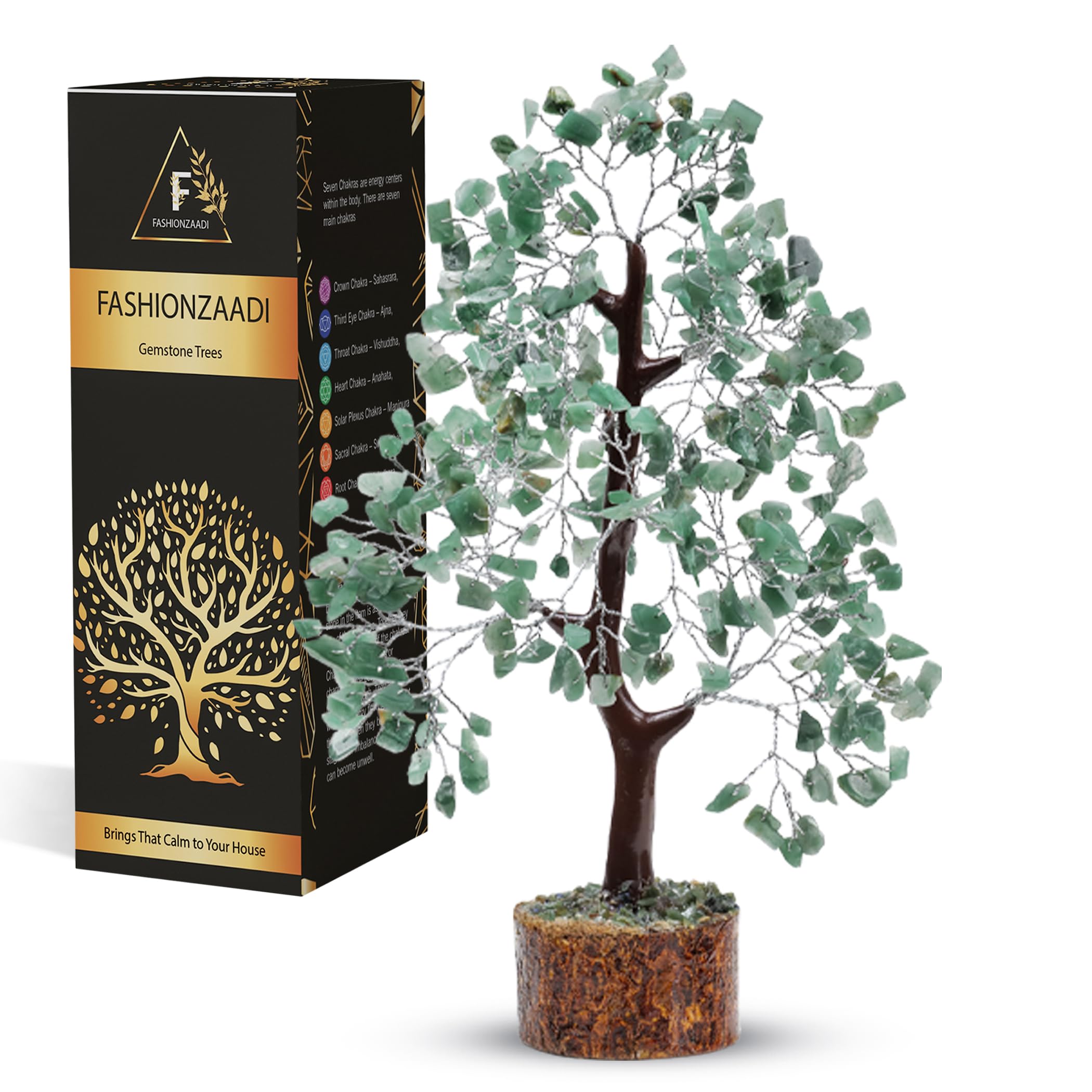 Fashionzadi Green Aventurine Gemstone Bonsai Tree Healing Crystal, Chakra Tree, Reiki Stone, Good Luck Chakras, Crystal Home Office Living Room Table Decor Gift (10-12 Inch, Silver Wire)