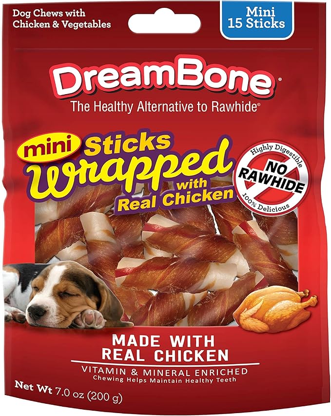 DreamBone Mini ChickenWrapped Chews 15 Count, RawhideFree Chews for