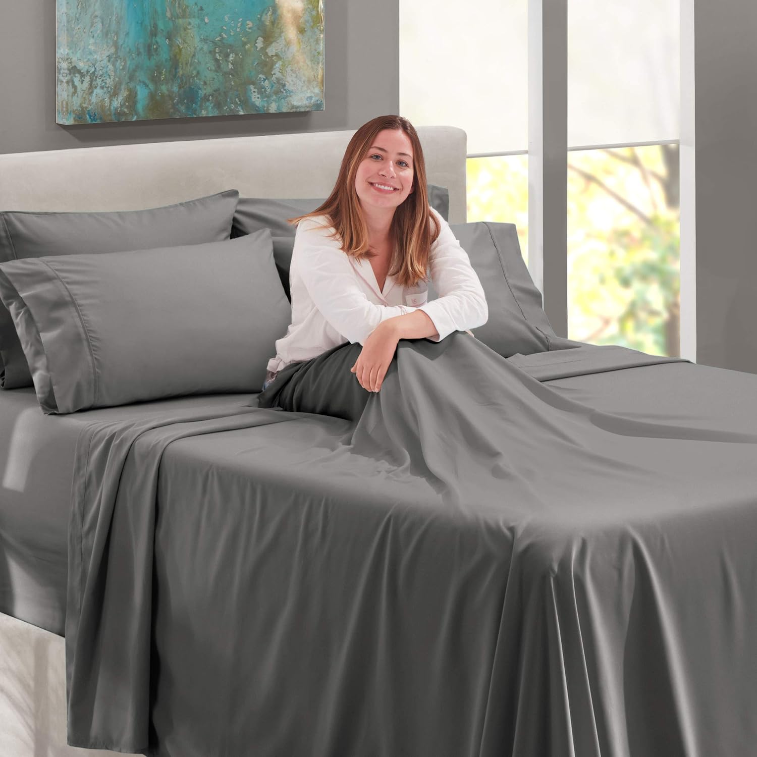 Nestl Extra Deep Pocket Sheets – Dark Grey Deep Fitted Sheet Set Queen Size - Super Deep Sheets fits 18 to 24 Inches Mattress - Hotel Ultra Deep Comfy Bed Sheets - 6 PC Gray Deep Pocket Queen Sheets: Home & Kitchen