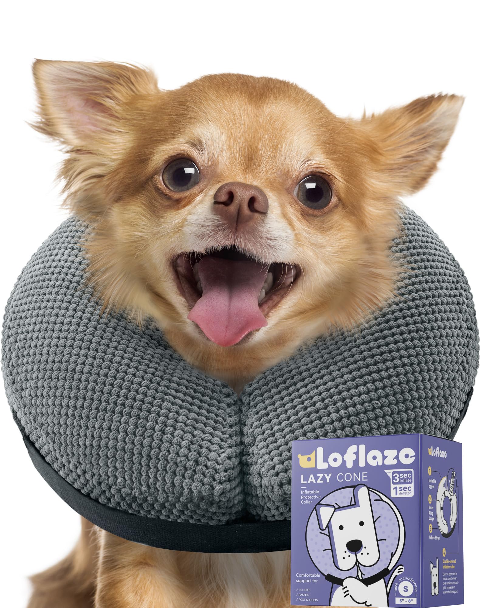 Photo 1 of Loflaze Soft Inflatable Dog Cone Collar Alternative After Surgery - Dog Neck Donut E Collar for Large Medium Small Dogs Cats Post Surgery - Recovery Collar to Stop Licking - Grey, S
