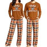 Thanksgiving Matching Pajamas for Couples Pumpkin Long Sleeve Top and Pants | Thanksgiving Couples Pjs Set Pumpkin Tops and Plaid Pants Sleepwear Fall Thankful Grateful Husband and Wife Matching Outfits