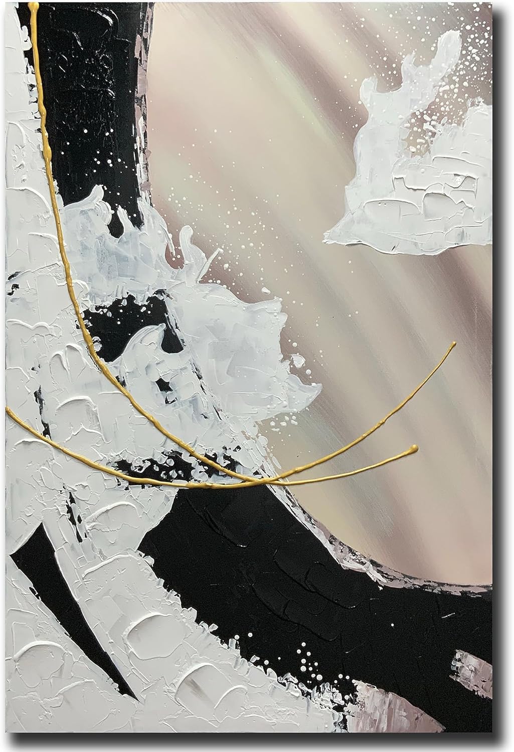 Paintings - Boieesen Art,24x36Inch Textured Hand-Painted Black White Abstract Wall Art Beige Oil Paitings Minimalist Artwork for Bedroom Living Room Decoration